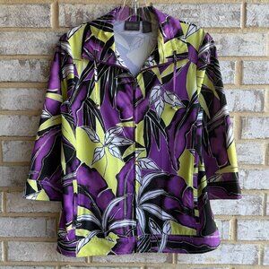 Chico's Additions 3/4 Sleeve Full Zip Collared Floral Tropical Jacket Size 0 (S)